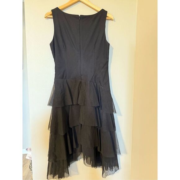 London Times Size 10 Stacked Ruffle Flounce Evening Dress Black Knee Length Glam - Picture 5 of 7